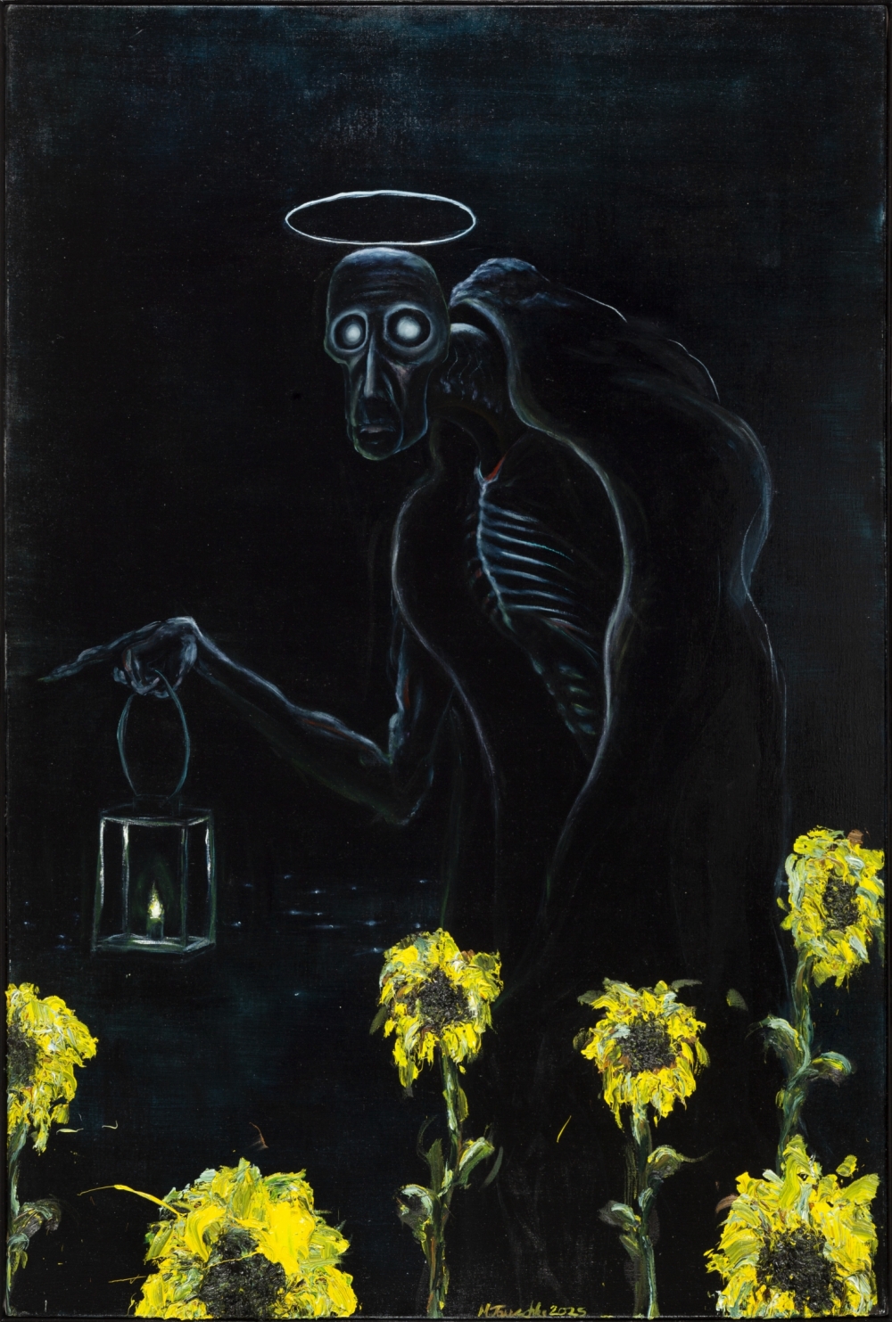 Gemälde von Michael Tauschke Saturn mit Sonnenblumen Öl auf Leinwand;Öl auf Leinwand,180 x 120 cm,und Schattenfugenrahmen;Saturn, Sonnenblume, Sonnenblumen, Licht, Leuchten, Lasur, Holy, Unholy, Heiligenschein; 